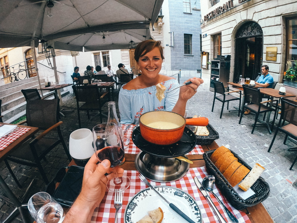 Eating cheese fondue in Geneva 