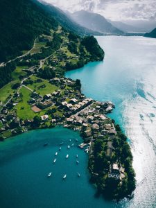 Birds eye shot of Grindelwald and lake on switzerland itinerary