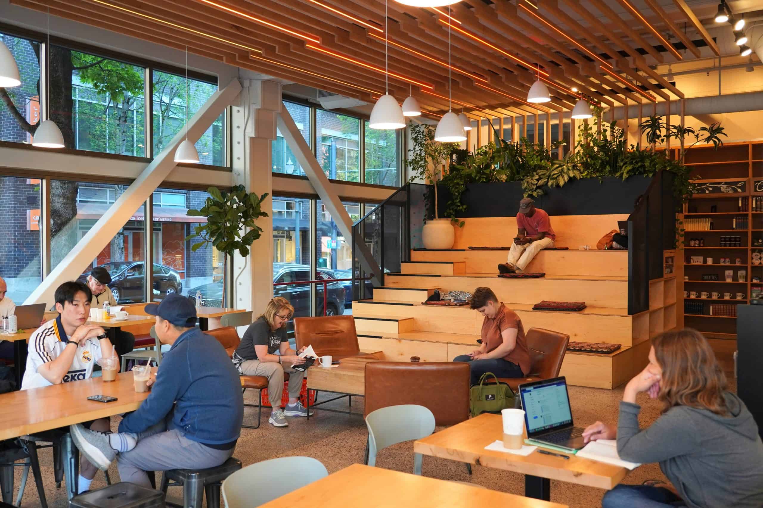 The cafe in Powell's City of Books in Portland is a cozy place to read, work, or just hang out.