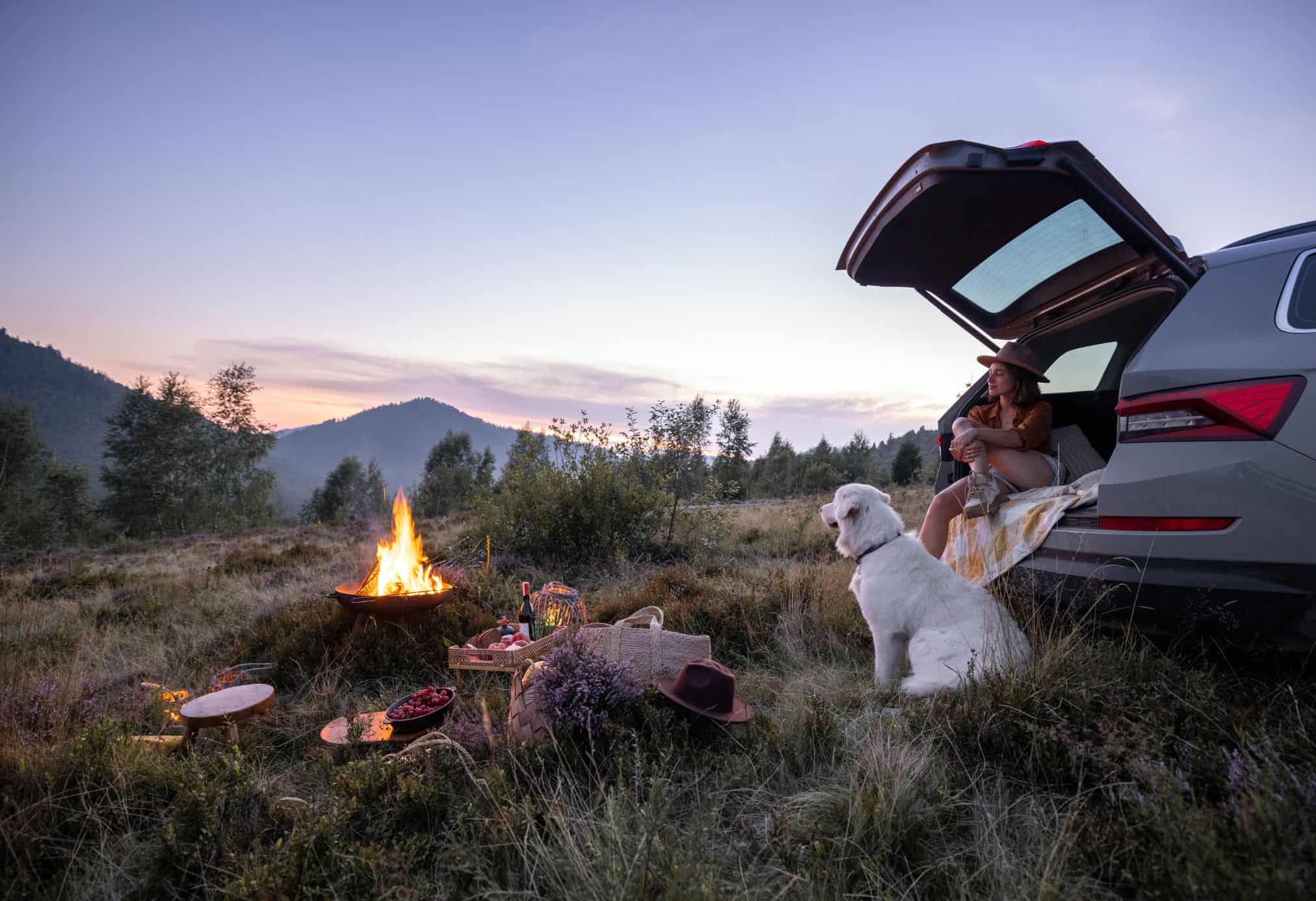 A woman and her dog enjoying a fire while car camping in the mountains.