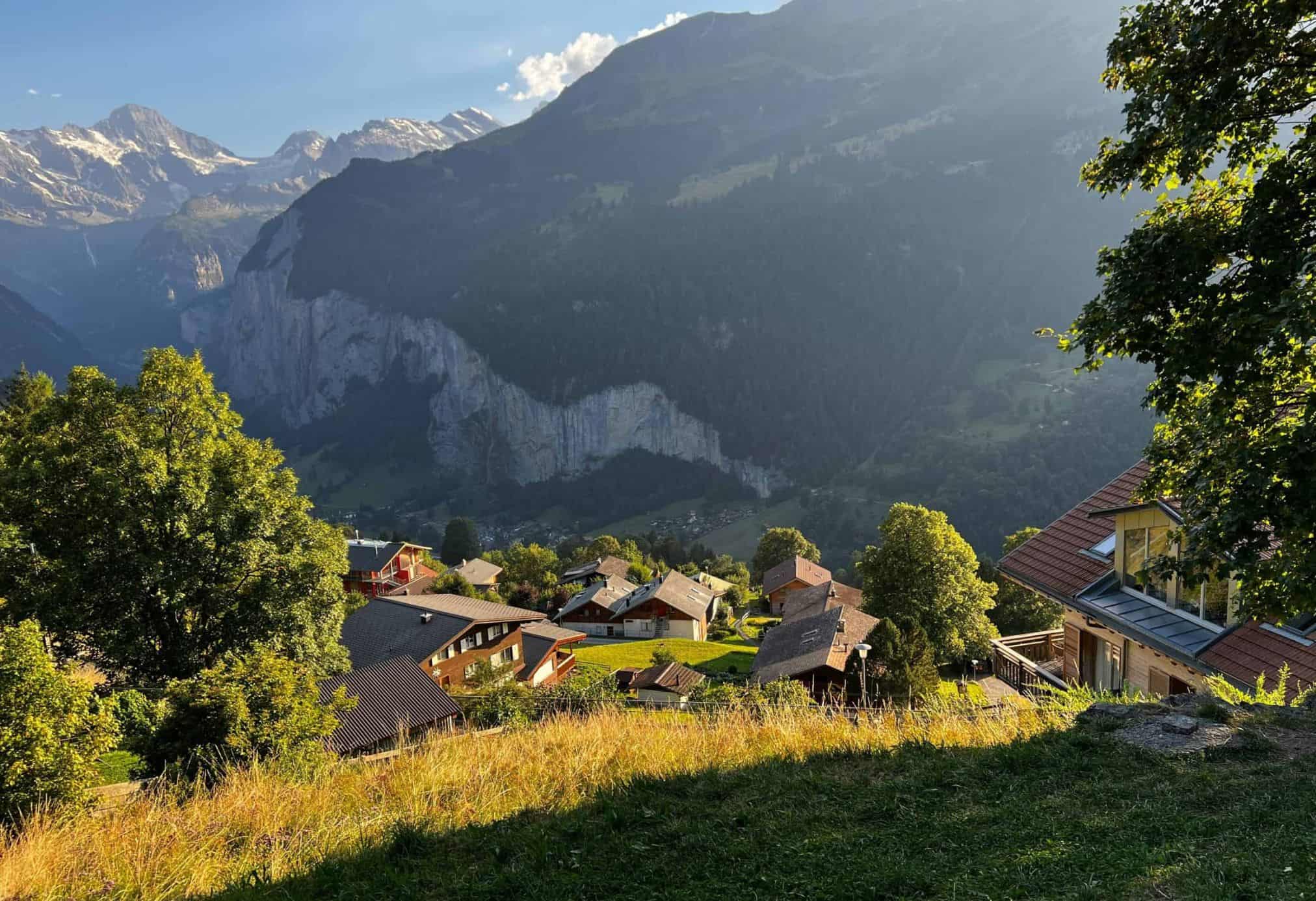 A bird eye view of Wengen from a hill top looking down on the town.
