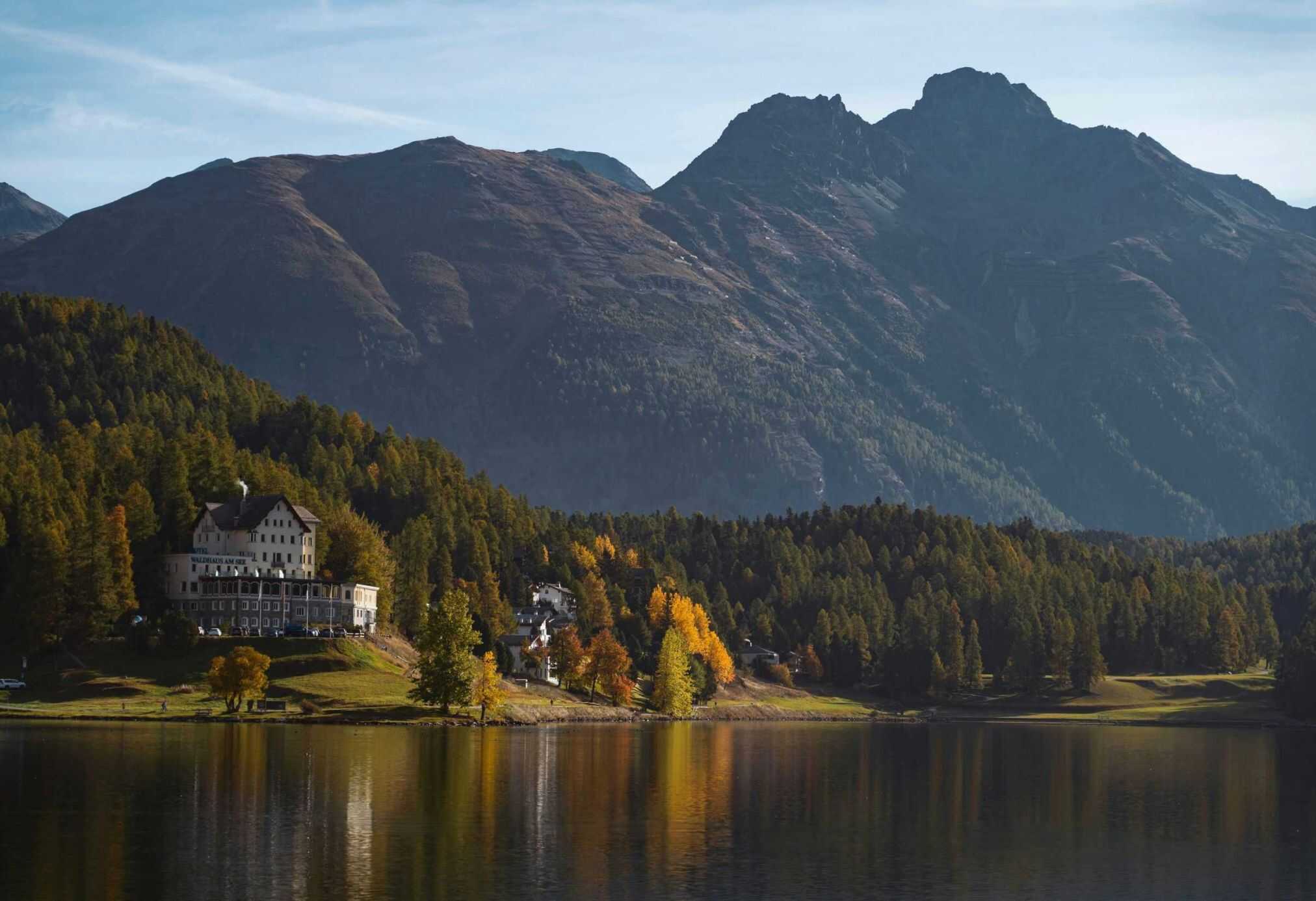 A lake in the St. Moritz area, showcasing how beautiful the scenery is on a fall day.