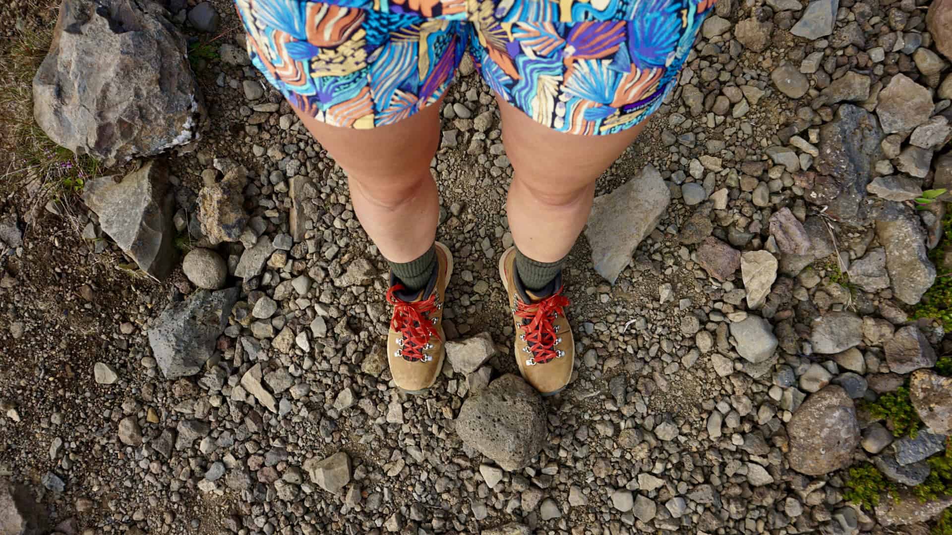 A fun photo of hiking boots and hiking shorts.