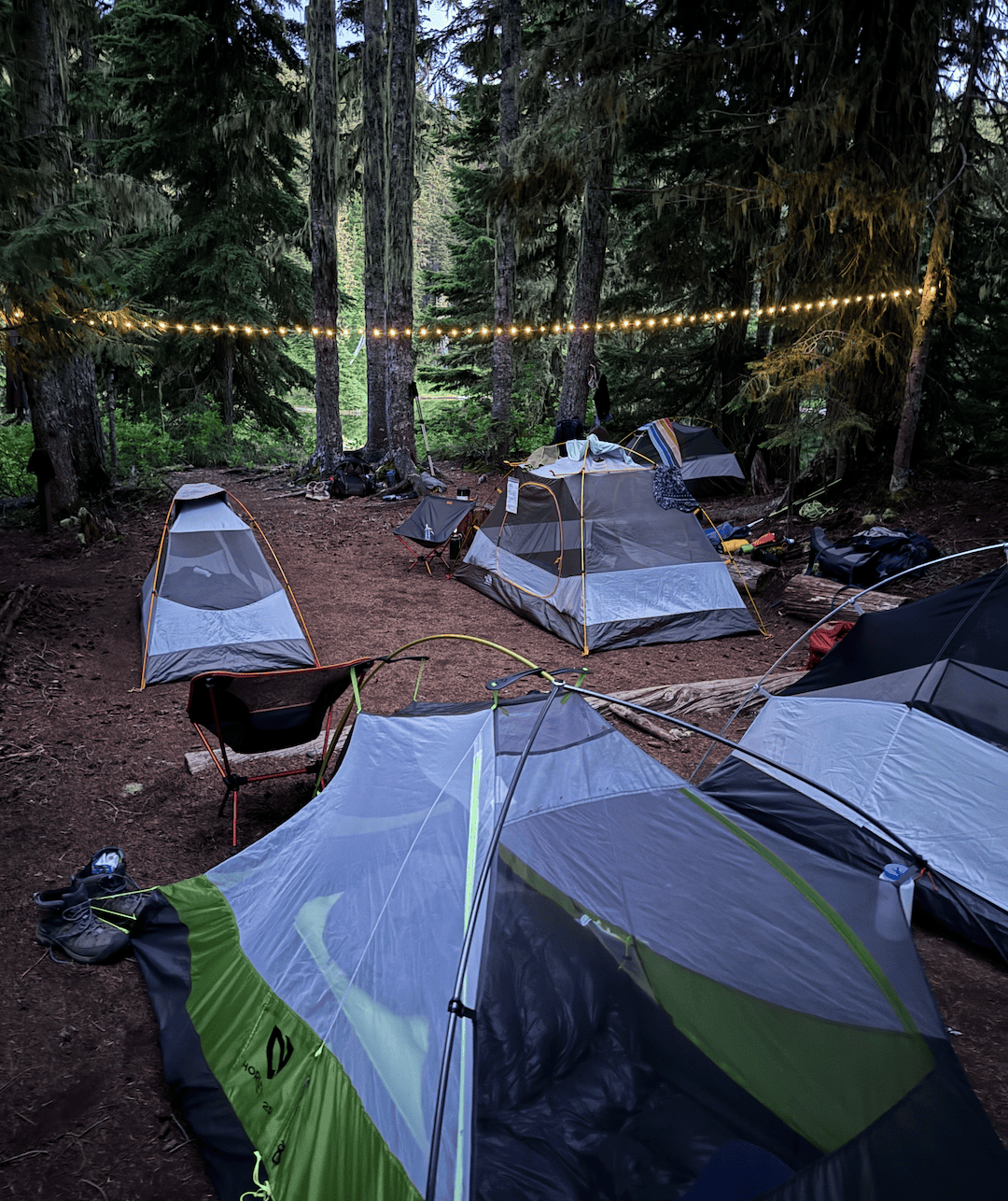 Four friends camping in the early fall in the beautiful PNW. We have set up our tents and lights before dark and are getting ready to open our meals.