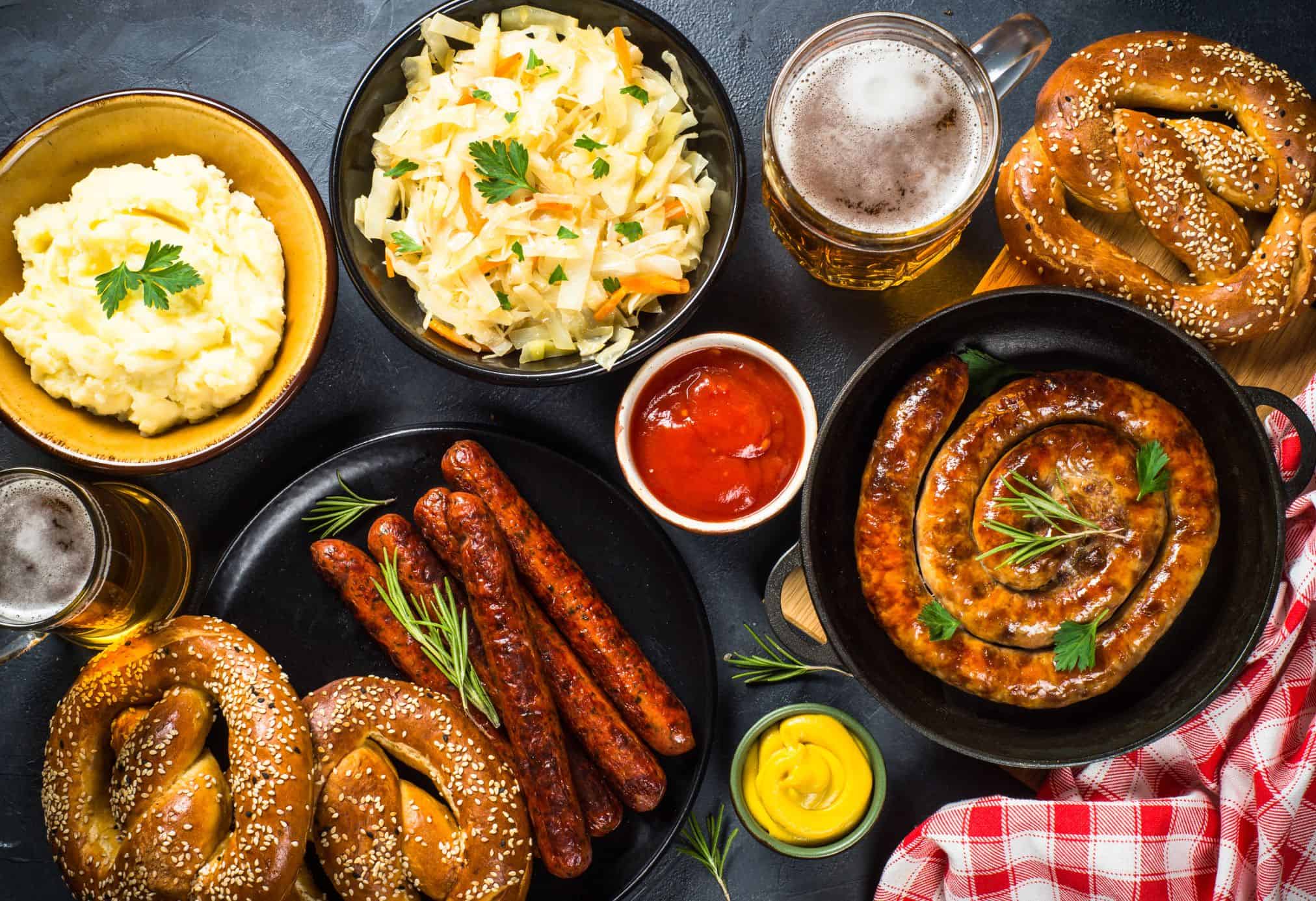 A variety of delicious german food from a restaurant.