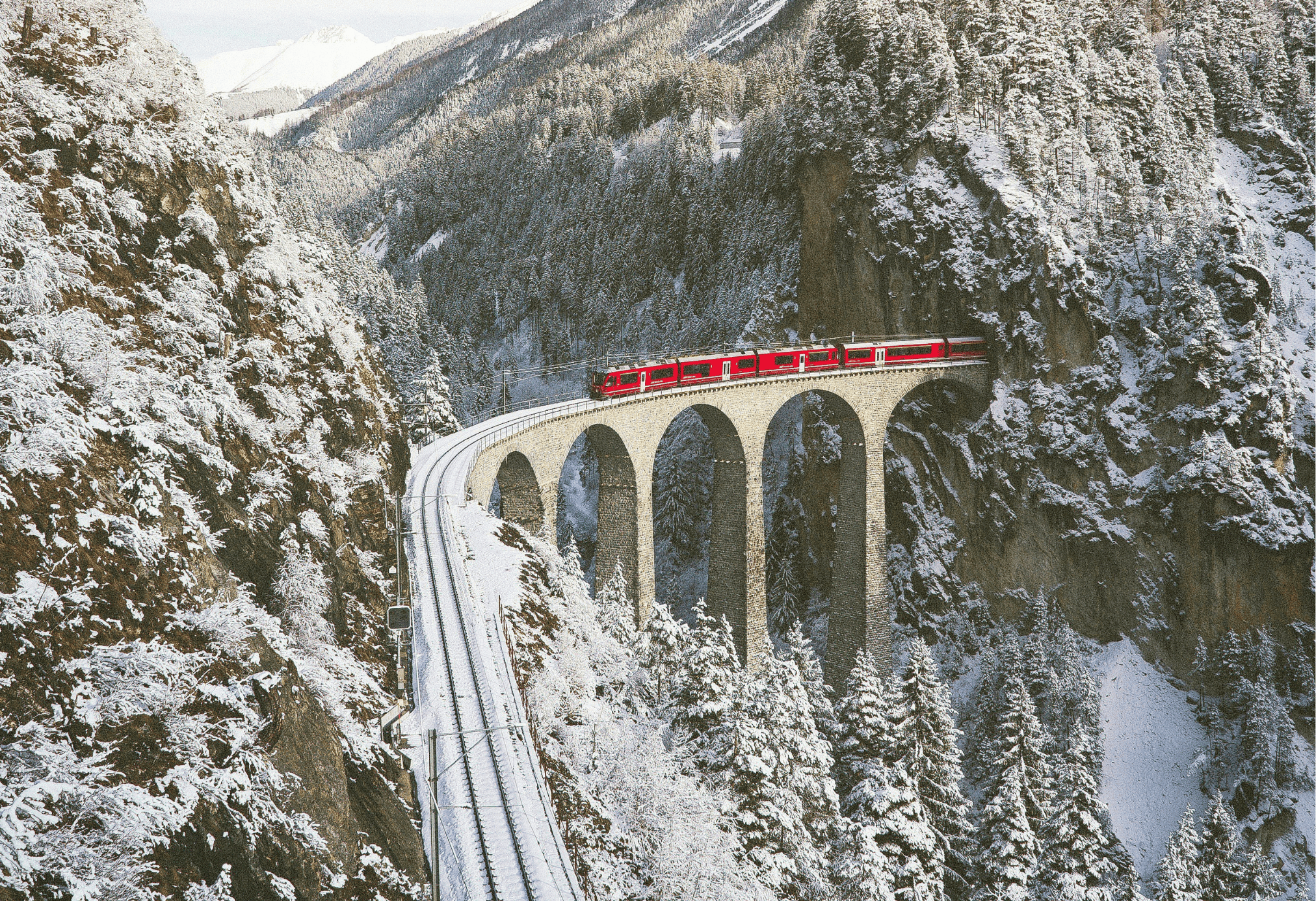 Switzerland's public transportation is one of the easiest ways to travel throughout the country. This is a view of one of the trains during the winter.