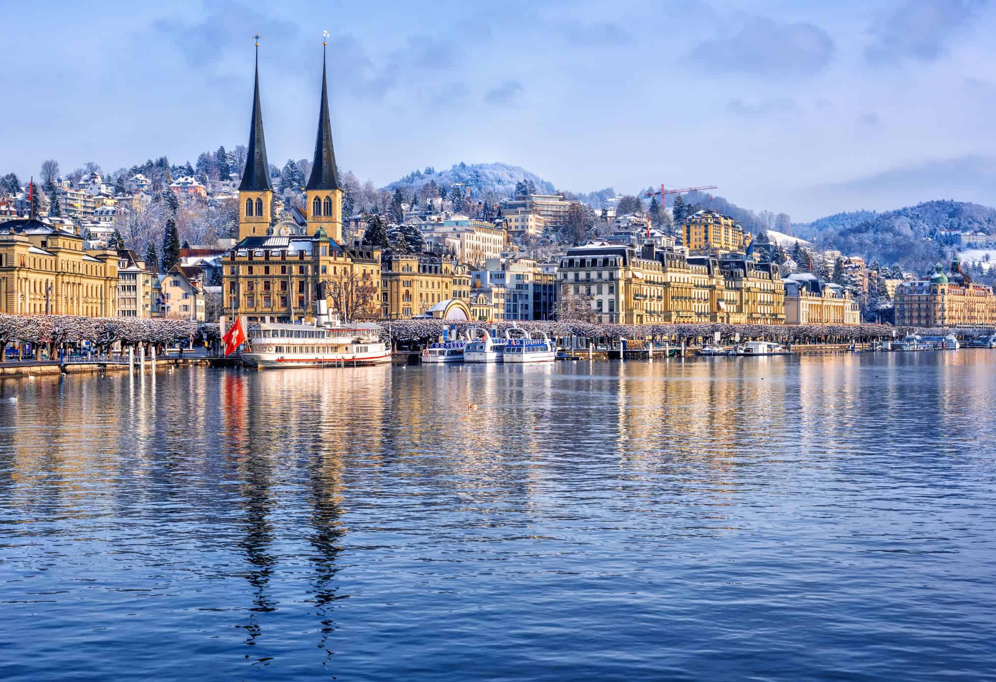 Lucerne in the winter is a beautiful time to visit. It is recommended to walk along the riverfront.